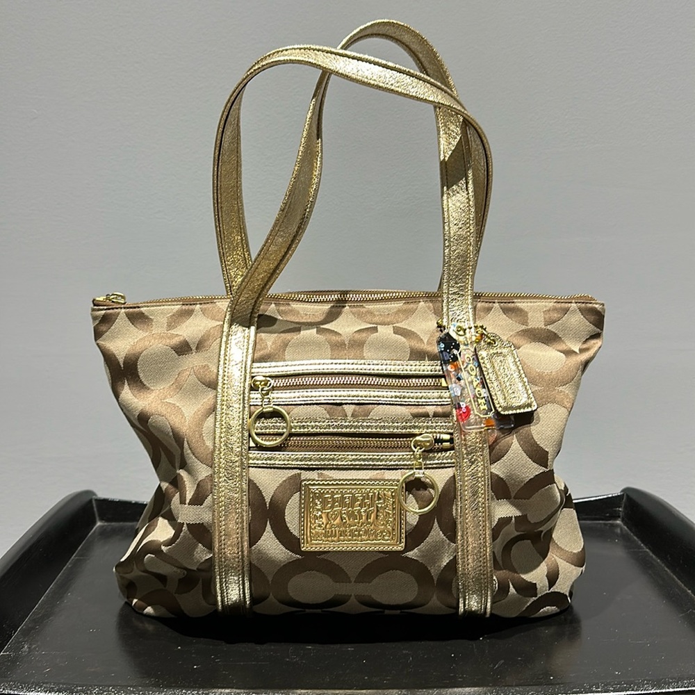 Coach Metallic Gold Poppy Signature Tote Bag